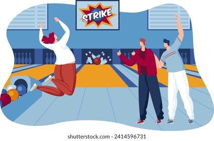 Drei Freunde feiern einen Streik in einer Bowlingbahn, zwei Männer jubeln und eine Frau springt vor Freude. Freizeitaktivitäten, Freundschaft und Spaß im Indoor-Bowlingcenter, Vektorgrafik.