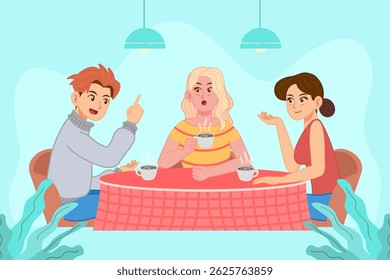 Three friends chatting over hot coffee at a cozy café in flat vector style. Great for concepts like conversation, friendship, coffee break, or social lifestyle illustrations.