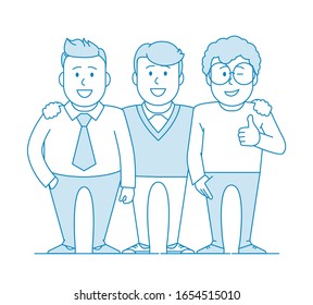 Tres amigos o colegas están de pie juntos. Foto para memoria. Equipo de especialistas. Feliz de estar juntos. Ilustración en estilo de arte en línea. Vector