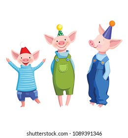 Three friends cute cartoon dressed pigs in festive caps, vector illustration isolated on white background