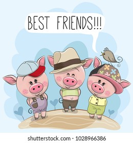 Three friends cute cartoon pigs and a bird