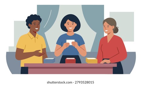 Three friends of different ethnicities and genders are gathered around a table, smiling and interacting while playing a card game.