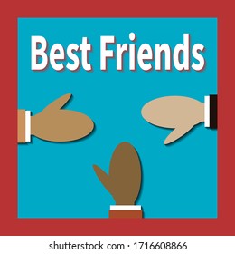 Three friends of different races greet each other. Best friends. Different colors people hold out hands to each other. Symbol of friendship, good intentions and partnership. Vector flat illustration.