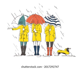 three friends with a dog walking  in the rain with umbrellas vector illustration