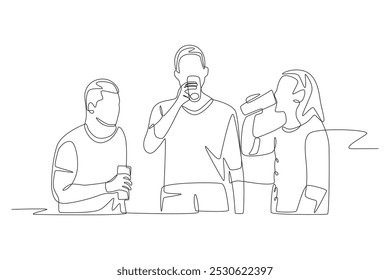 Three friends drinking while hanging out. Drinks outdoor concept one-line drawing