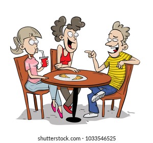 Three friends eating and talking