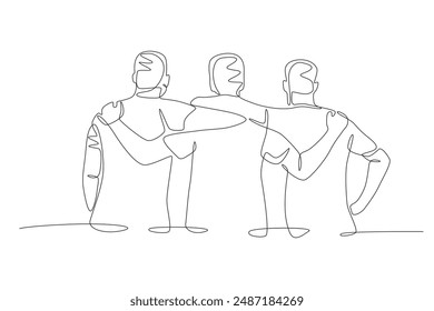 Three friends embracing each other. Friendship day concept one-line drawing