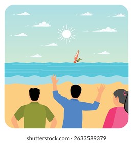 Three friends enjoy watching windsurfing under a sunny sky on a picturesque beach. Having picnic concept.