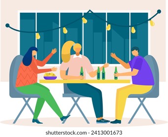 Three friends enjoying beers and snacks at a backyard party. Casual gathering, good times with colourful atmosphere. Friendship and leisure time vector illustration.