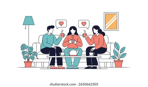 Three friends enjoying a cozy afternoon together sharing warm beverages and conversation in a comfortable living room setting with plants and artwork creating a welcoming atmosphere