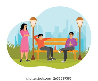 Three friends are enjoying their free time chatting and drinking while sitting on a park bench with a city view in the background. Talking concept.