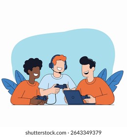 Three friends are gaming together, each using different devices. They are sitting at a table with a purple background.
