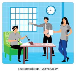 Three friends gather in a cozy kitchen, sharing food and conversation, symbolizing friendship and cheerful interaction.  Flat vector modern illustration