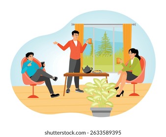Three friends gather in a cozy room, enjoying drinks, food and lively conversation by the window. Reflects warmth, connection, and friendly environment. Talking concept.