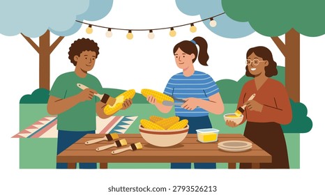 Three friends are gathered around a table outdoors, preparing and eating corn on the cob at a backyard barbecue.