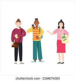 Three friends go to school. Young female students. Vector illustration. For flyers, covers and brochures, packaging and advertising.