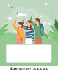 Three friends are going on a trip. flat design style vector illustration.