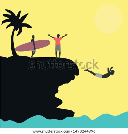 Three friends hang out on Paradise island. They are happy because they have a long-awaited vacation. They also dive off the cliff and surf. Happy friends are depicted on a yellow background.