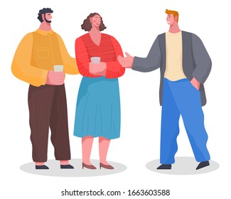 Three friends have conversation on home reception. Banquet, dinner or lunch, with food and drinks. Friends spending leisure time together. People isolated on white background. Vector illustration