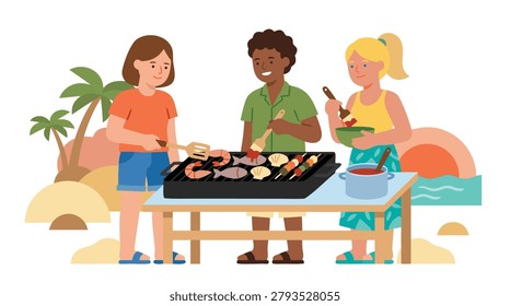 Three friends are having fun at a beach barbecue, grilling seafood and vegetables, with palm trees and the ocean in the background.