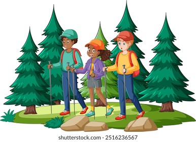 Three friends hiking among tall pine trees