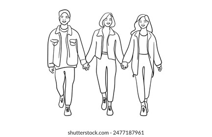 Three friends holding hands and smiling continuous line art drawing isolated on white background. Vector illustration