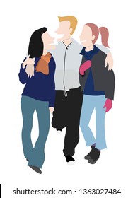 Three friends hugging. Friendship between two girls and one boy. Team. Winter clothes. Isolated. Flat style colorful vector illustration.