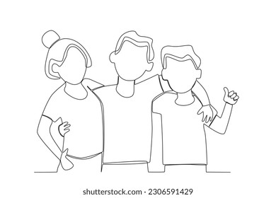 Three friends hugging. Friendship Day one-line drawing