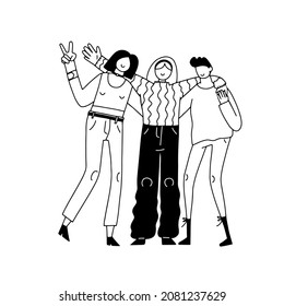Three friends hugging, posing for photo or greeting, celebrating. Hand drawn isolated vector illustration in line art