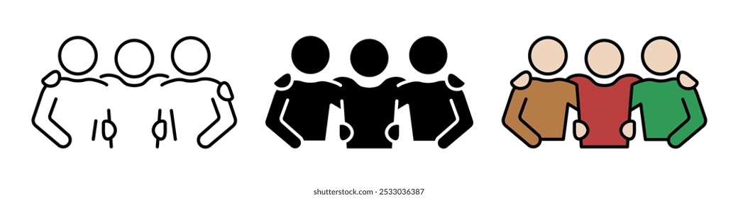 Ícone de três amigos definido. Símbolo de amizade. 3 amigos abraçando ilustração vetorial. Sinal de amizade. Pictograma do trabalho em equipe. Conceito de fraternidade e fraternidade. Silhueta da companhia. Ícone da muleta do ombro