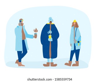 Three friends isolated on white background. adult characters dressed in warm clothes. Young elegant man and two fancy women with coffee cup standing outdoor together scene. Vector flat illustration.