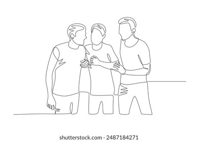 Three friends joking around. Friendship day concept one-line drawing