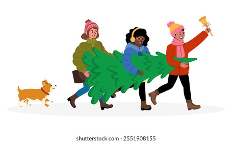 Three friends joyfully carry a Christmas tree while a dog happily follows during the winter season