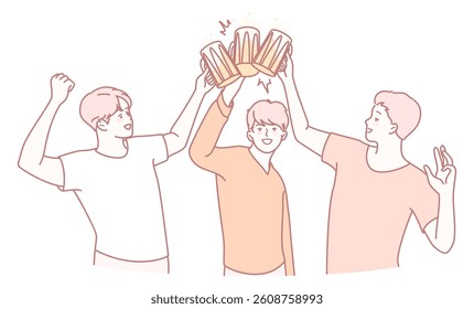 Three friends joyfully clinking their drinks together, symbolizing shared celebration and strong camaraderie