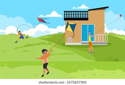 Three friends are joyfully flying kites from various locations, celebrating the occasion of Makar Sankranti