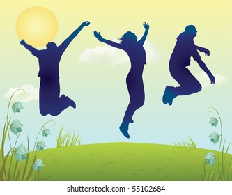 three friends jumping on the hill silhouette vector