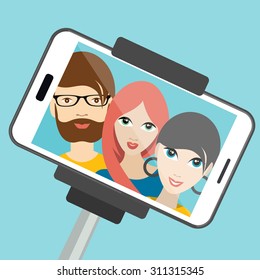 Three friends making summer selfie photo. Vector cartoon illustration.