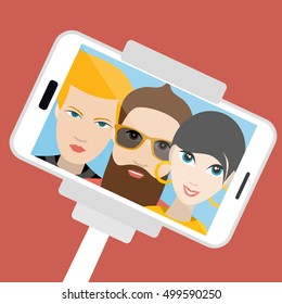 Three friends making summer selfie photo. Vector cartoon illustration.