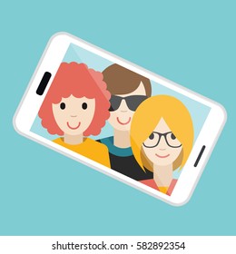 Three friends making summer selfie photo. Vector cartoon illustration.