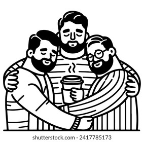 Three friends man with coffee. Line illustration