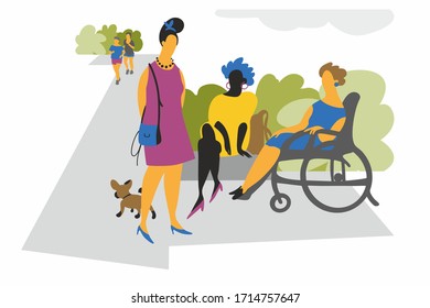 the three friends met in the Park. Girls have fun communicating, talking. City Park, people train, run along the paths of the Park. Cartoon Vector Illustrations