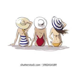 three friends on the beach. Young women sitting together on the beach, back view vector illustration