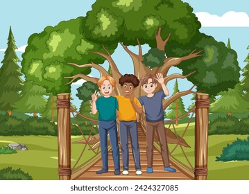 Three friends posing happily on a wooden bridge.