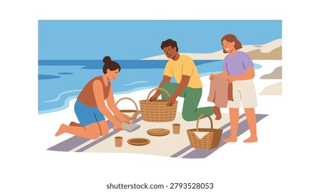 Three friends are setting up a picnic on a sandy beach next to the ocean, with picnic baskets and blankets.