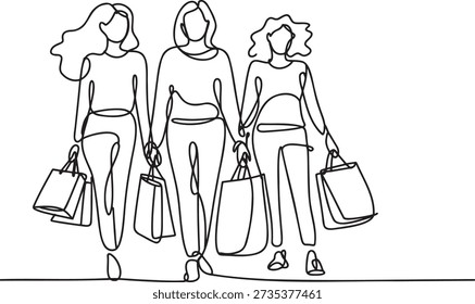 Three friends shopping together in continuous line art. Retail therapy and consumerism illustration. Women group carrying bags. Fashion and lifestyle concept drawing. Friendship and social activity.