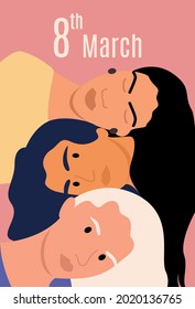 Three friends or sisters with long hair laid their heads on top of each other. Congratulations on March 8 or Women's Day. Greeting card with pink background, wallpaper, template. Vector illustration.