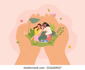 Tres amigos están sentados en grandes manos. Dos mujeres abrazando y consolando a una mujer. ilustración vectorial plana.