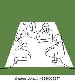 three friends sitting on a picnic on a background of grass - one line art vector. concept picnic in nature