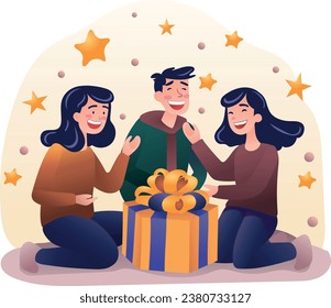 Drei Freunde sitzen zusammen mit einer Geschenkbox vor ihnen, umgeben von Sternen. Flat, moderner Stil