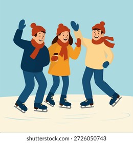 Tres amigos patinan y se divierten en la pista. Ilustración vectorial plana. Adecuado para carteles, anuncios de pistas de patinaje, eventos de invierno y postales.